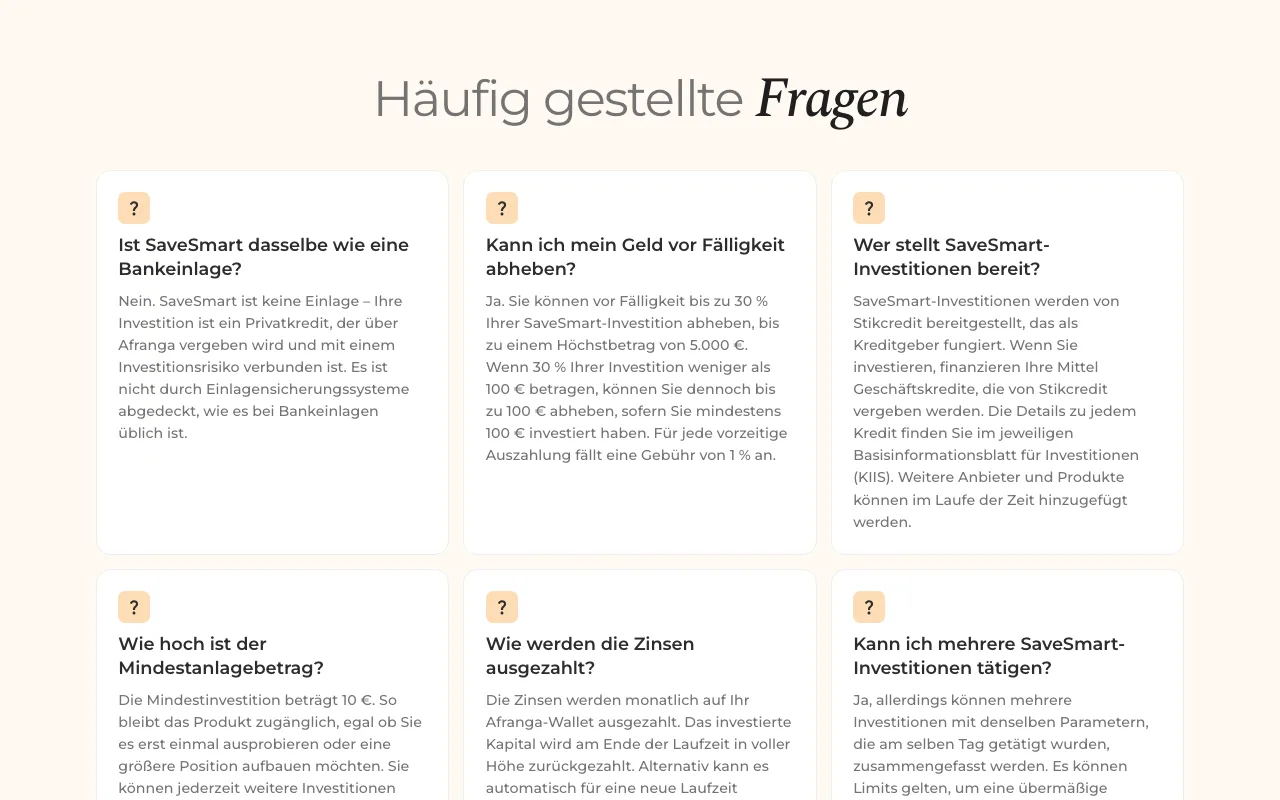 Häufige Fragen zu Afranga SaveSmart, unter anderem zur vorzeitigen Auszahlung und zum Mindestanlagebetrag