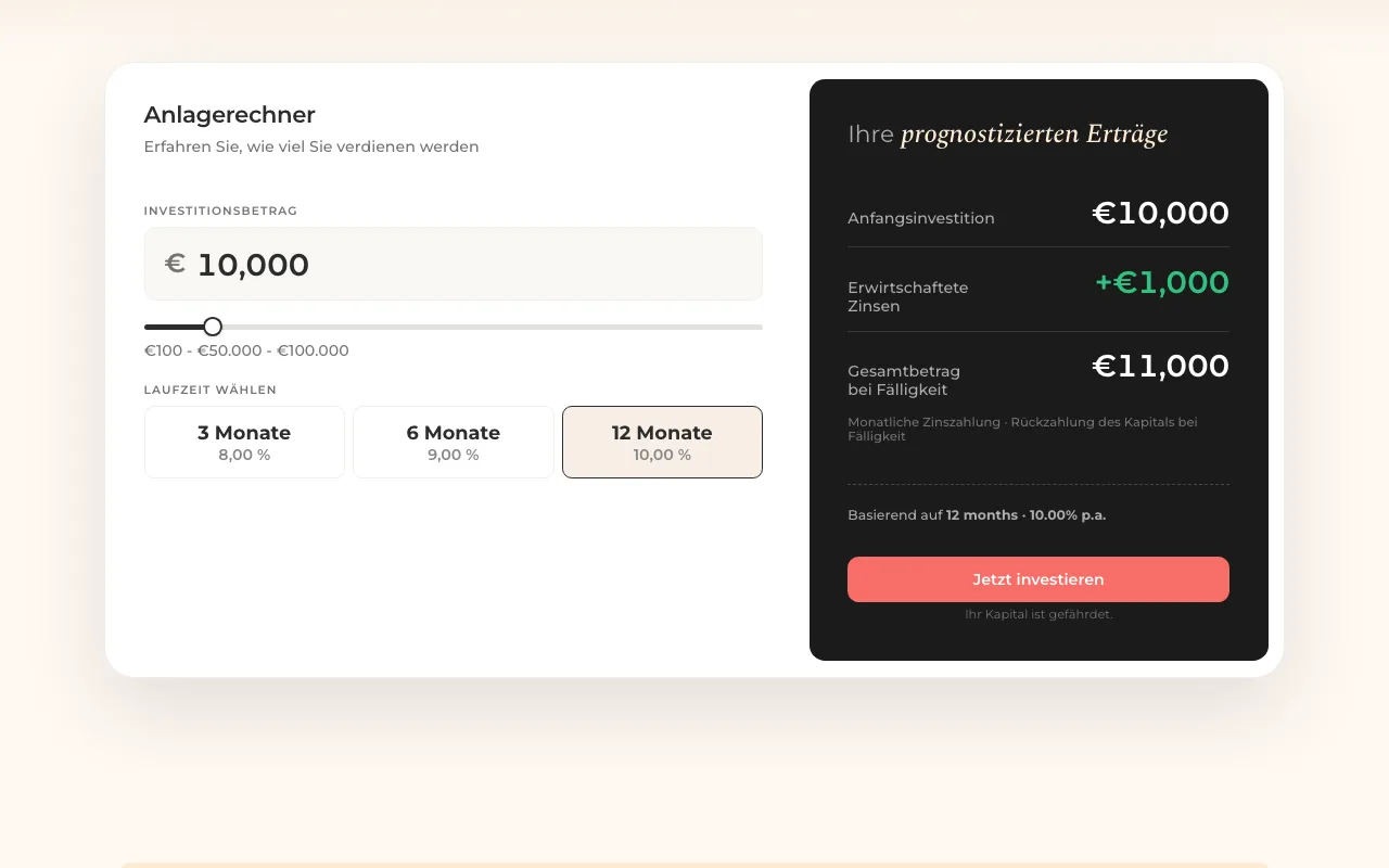 Afranga-SaveSmart-Anlagerechner mit Anlagebetrag und Laufzeiten von 3, 6 und 12 Monaten