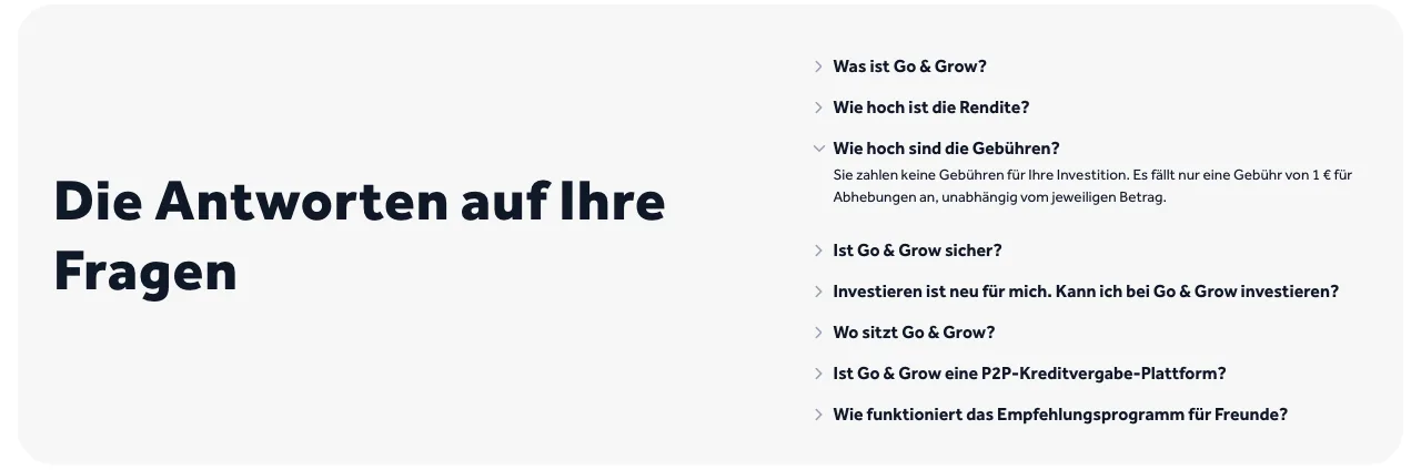 Go & Grow FAQ: keine Gebühren für die Investition, 1 € Gebühr pro Abhebung unabhängig vom Betrag