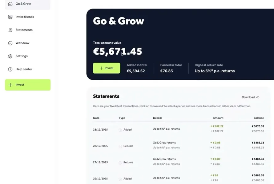 Kontoübersicht von Go & Grow mit Kontowert und Kontoauszügen