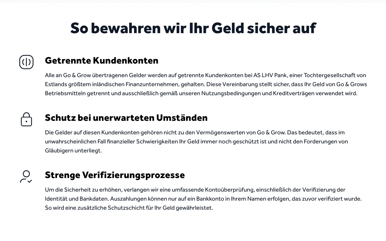 Sicherheitsseite von Go & Grow zu getrennten Kundenkonten bei der LHV Pank