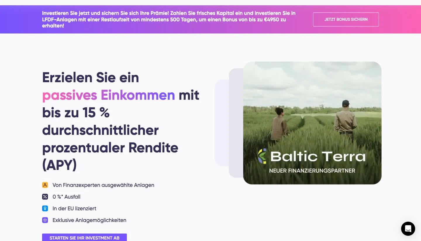 Debitum Startseite mit Registrierungs-Button und Renditeangabe bis 15 Prozent APY