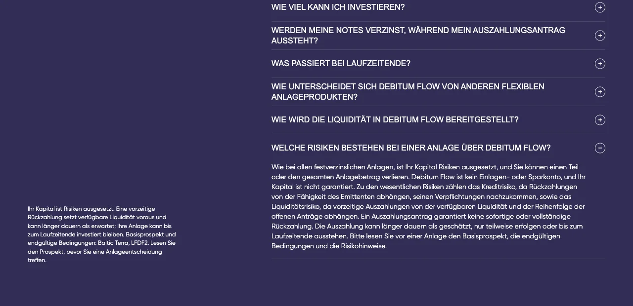 Debitum nennt Kreditrisiko und Liquiditätsrisiko als die wesentlichen Risiken von Flow