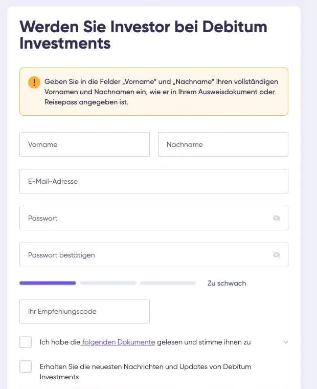 Registrierungsformular von Debitum