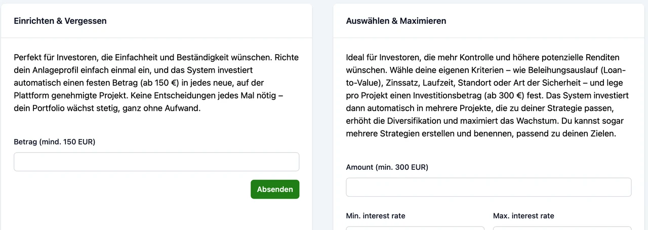 Digilo Auto-Invest mit den Plänen Einrichten und Vergessen ab 150 Euro und Auswählen und Maximieren ab 300 Euro