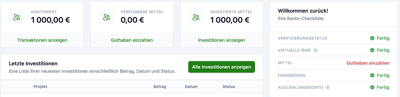Digilo Dashboard mit Kontowert, investierten Mitteln und der Konto-Checkliste für Verifizierung und Fragebögen