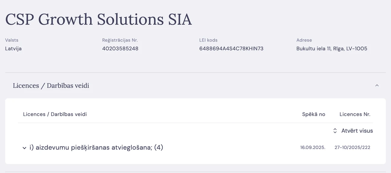 Registereintrag der Latvijas Banka zur CSP Growth Solutions SIA mit ECSP-Lizenz 27-10/2025/222