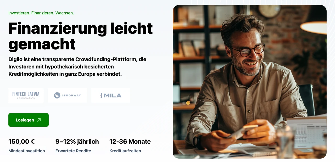Digilo Startseite mit 150 Euro Mindestinvestition, 9 bis 12 Prozent erwarteter Rendite und 12 bis 36 Monaten