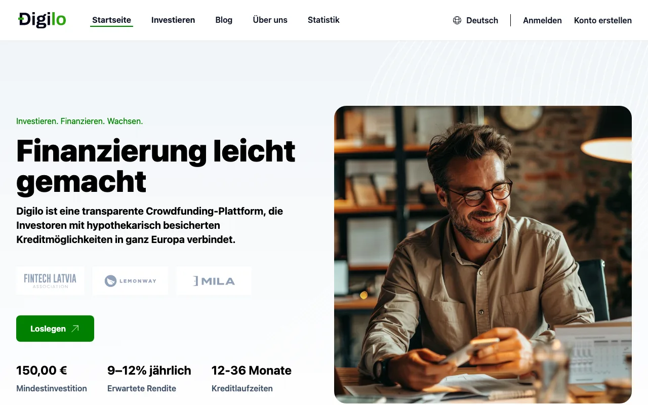 Startseite von Digilo mit Mindestinvestition von 150 Euro, erwarteter Rendite von 9 bis 12 Prozent und Kreditlaufzeiten von 12 bis 36 Monaten