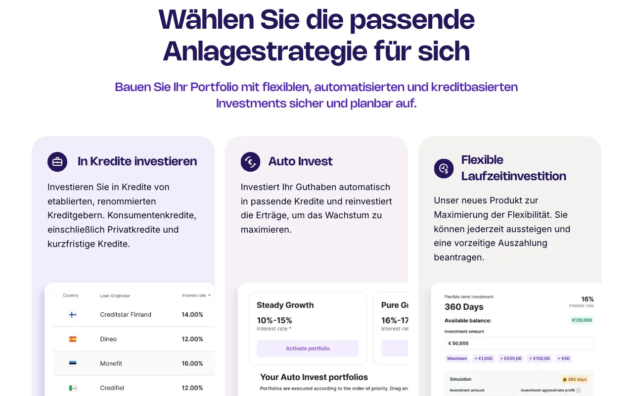 Anlagestrategien auf lendermarket.com: In Kredite investieren, Auto Invest und Flexible Laufzeitinvestition