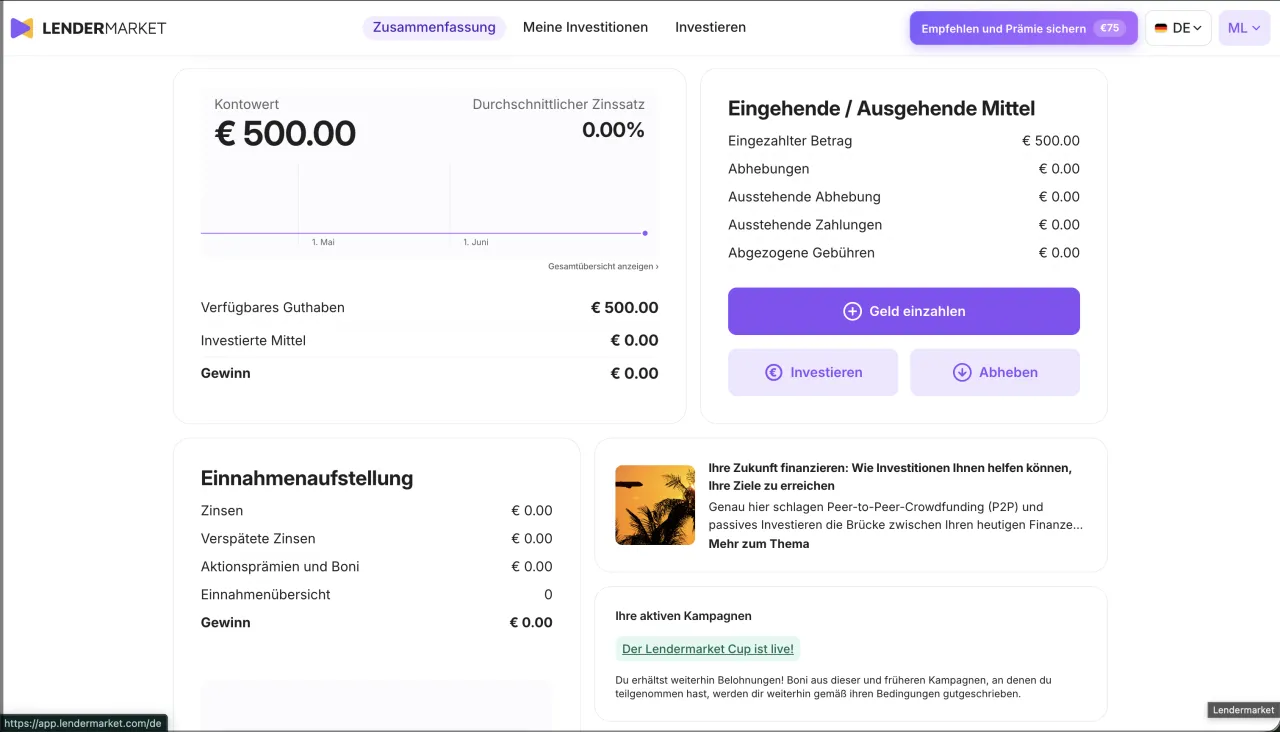 Unser Lendermarket-Dashboard mit Kontostand