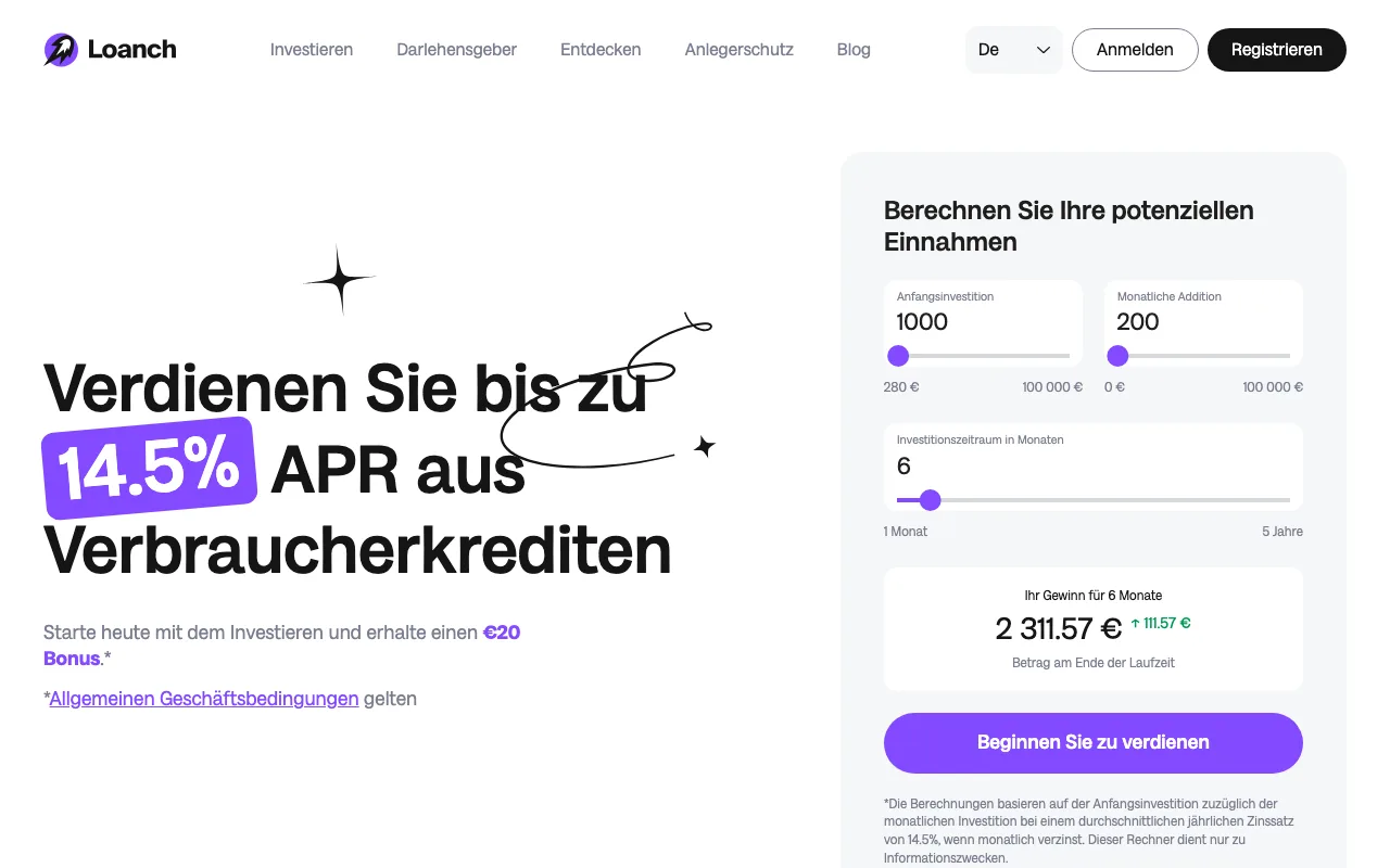 Startseite von Loanch mit Renditerechner und Hinweis auf den 20-Euro-Bonus