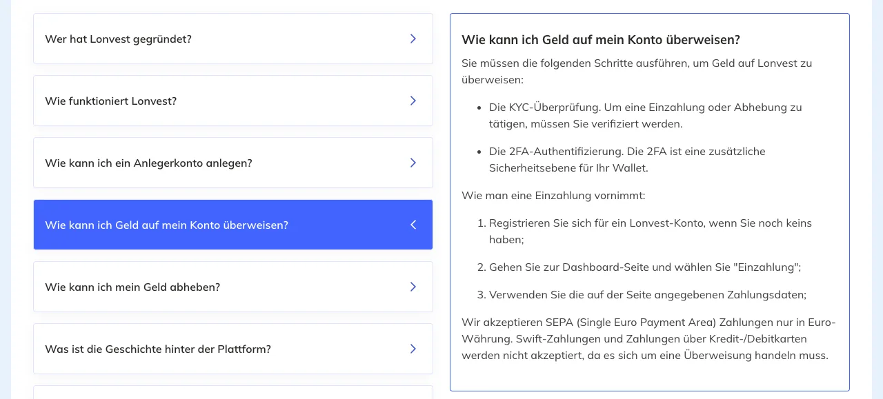 Deutsche FAQ von Lonvest mit geöffneter Frage „Wie kann ich Geld auf mein Konto überweisen?“: KYC-Überprüfung und 2FA-Authentifizierung als Schritte vor der Einzahlung, Einzahlung über das Dashboard, nur SEPA-Zahlungen in Euro, keine Swift- und keine Kartenzahlungen