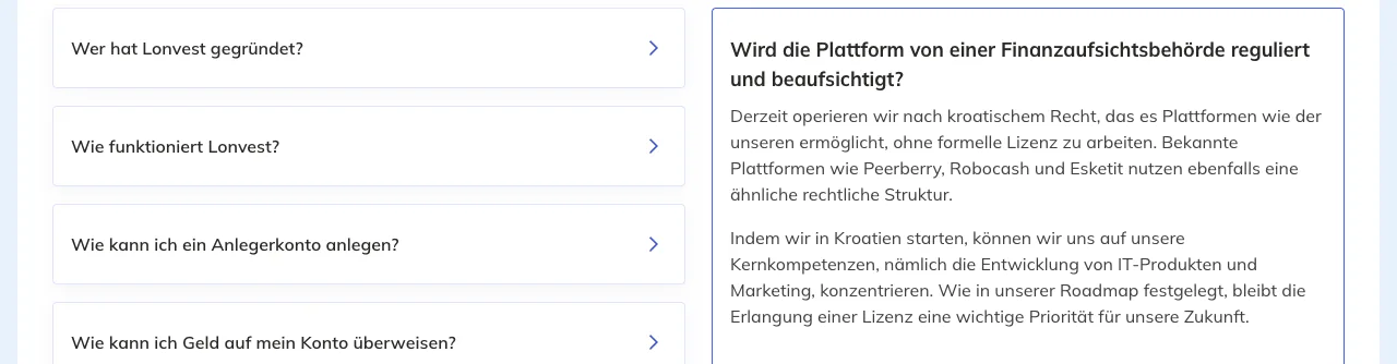 FAQ-Antwort von Lonvest auf die Frage, ob eine Finanzaufsichtsbehörde die Plattform reguliert und beaufsichtigt: Lonvest arbeite nach kroatischem Recht ohne formelle Lizenz, verweist auf andere Plattformen mit ähnlicher Struktur und nennt die Erlangung einer Lizenz laut Roadmap eine wichtige Priorität