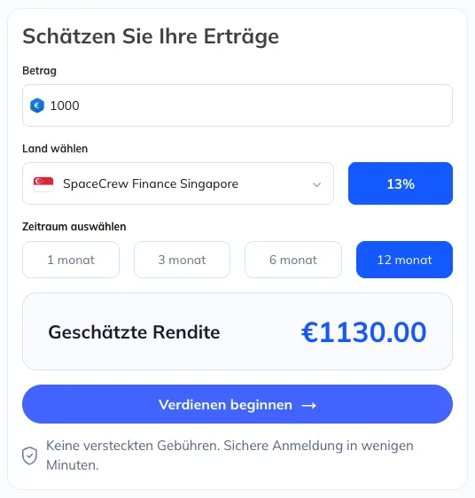 Renditerechner auf der Lonvest-Startseite mit 1.000 Euro, Kreditgeber SpaceCrew Finance Singapore, 13 Prozent und 12 Monaten Laufzeit, geschätzte Rendite 1.130 Euro