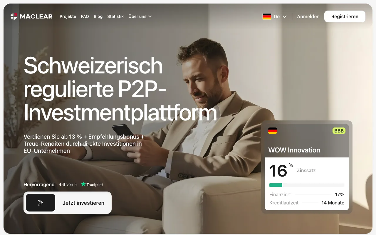 Startseite von maclear.ch: Schweizerisch regulierte P2P-Investmentplattform mit Projektkarte und Trustpilot-Wertung