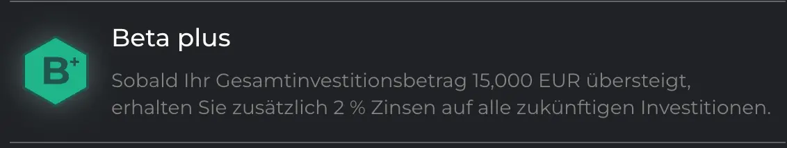 Maclear Loyalty Beta plus: ab 15.000 Euro Gesamtinvestition plus 2 Prozent Zinsen auf zukünftige Investitionen