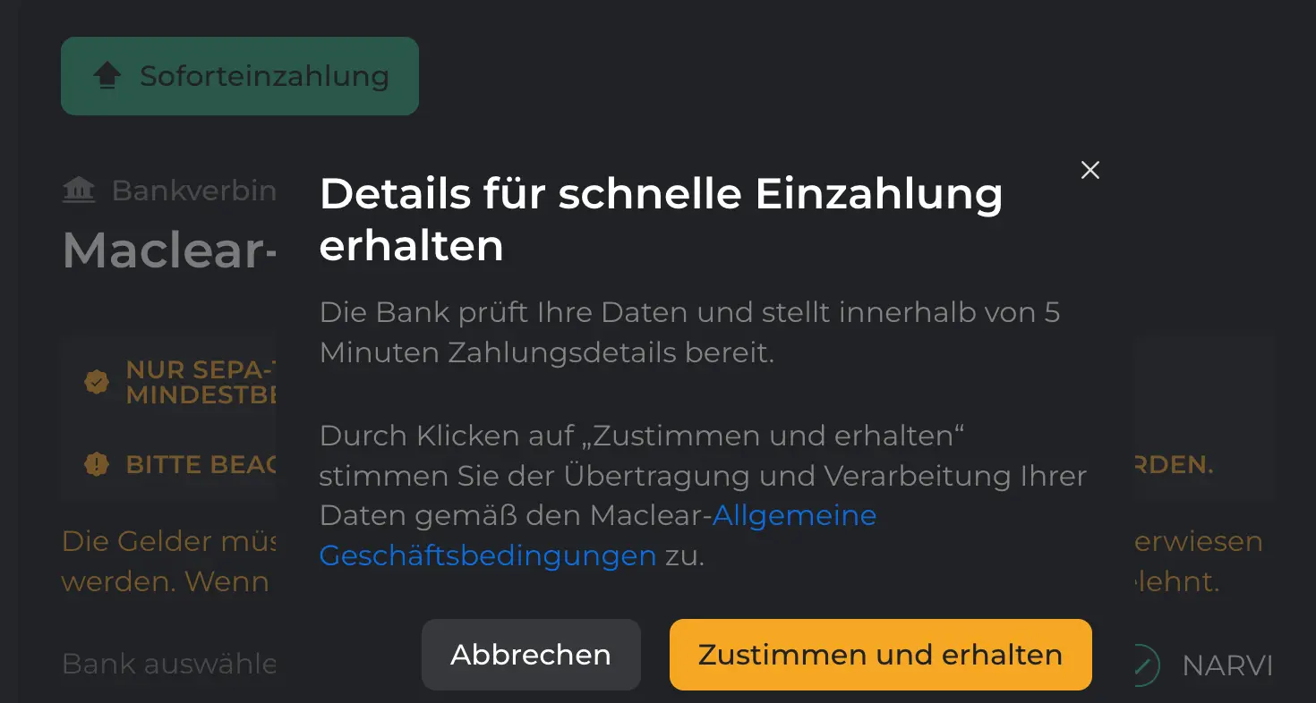 Maclear Soforteinzahlung: Einzahlung in Echtzeit, die Bank stellt die Zahlungsdetails innerhalb von 5 Minuten bereit