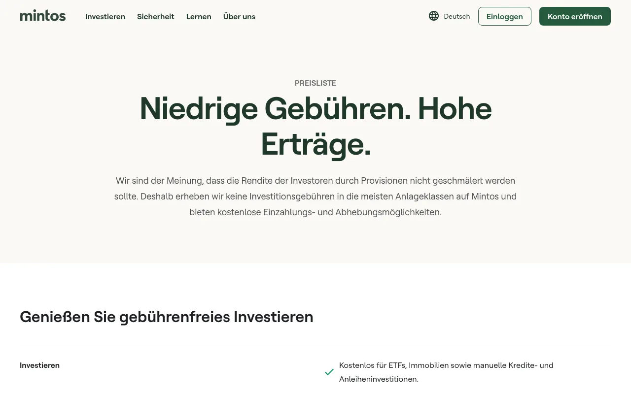 Preisliste von Mintos: keine Investitionsgebühren in den meisten Anlageklassen, kostenlose Ein- und Auszahlung