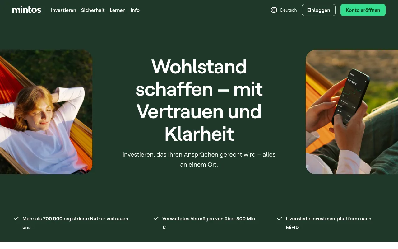 Startseite von Mintos mit den Anlageklassen Kredite, Anleihen, ETFs und Immobilien