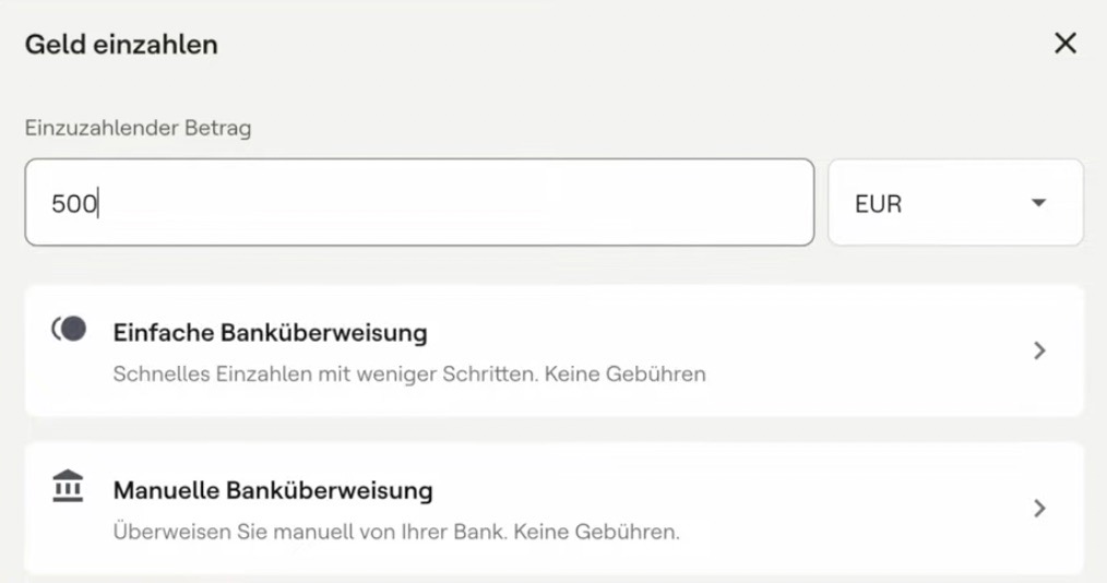 Mintos Anleitung Schritt 3: Geld einzahlen mit 500 EUR über einfache oder manuelle Banküberweisung – beide gebührenfrei
