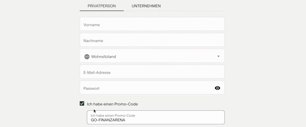 Mintos Anleitung Schritt 1: Konto eröffnen mit Vorname, Nachname, Wohnsitzland, E-Mail, Passwort und Promo-Code GO-FINANZARENA