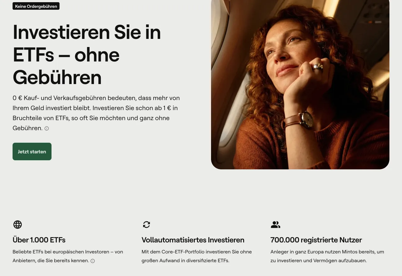 Mintos ETF-Seite mit den Angaben 0 Euro Kauf- und Verkaufsgebühren, ab 1 Euro, über 1.000 ETFs und 700.000 registrierte Nutzer