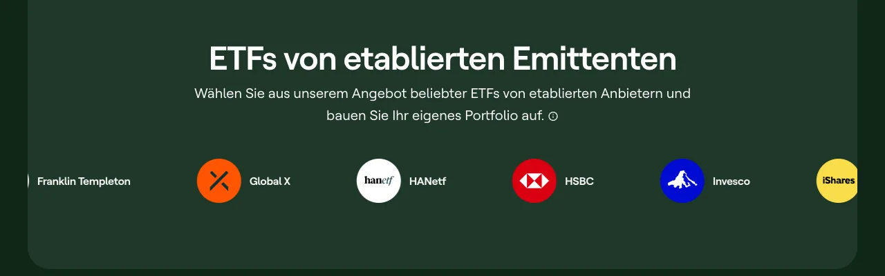 Ausschnitt der Mintos-Seite mit der Überschrift ETFs von etablierten Emittenten und Logos von Franklin Templeton, Global X, HANetf, HSBC, Invesco und iShares