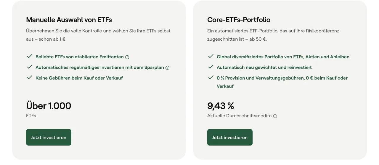 Zwei Karten auf der Mintos-Seite: Manuelle Auswahl von ETFs ab 1 Euro neben dem Core-ETFs-Portfolio ab 50 Euro mit 9,43 Prozent aktueller Durchschnittsrendite