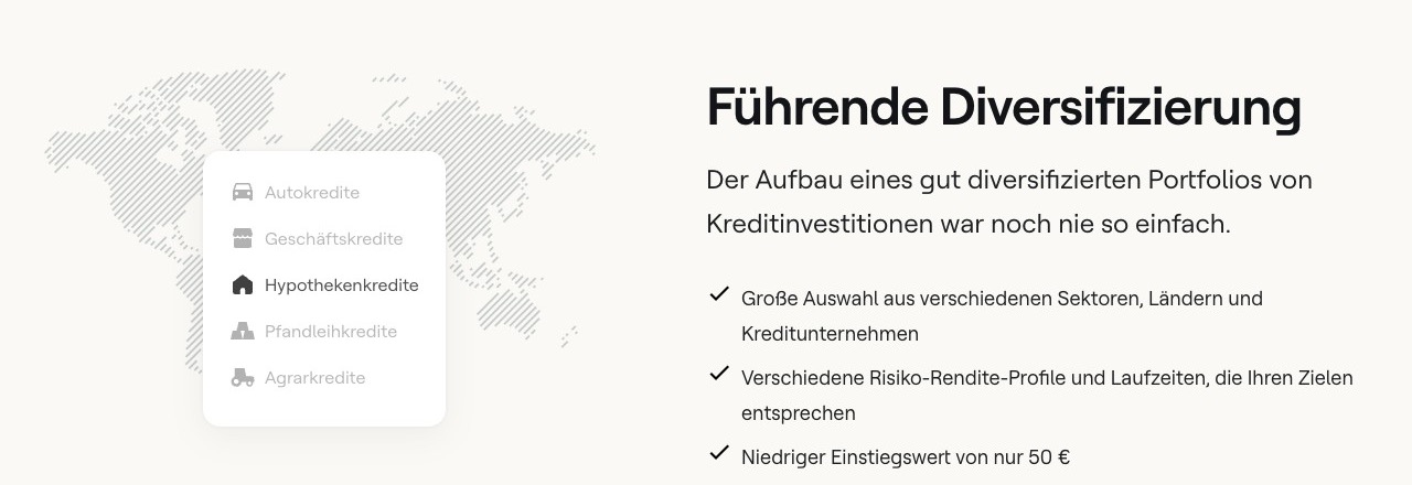 Mintos breite Diversifikation ueber 30 Originatoren, Kreditarten und Laender
