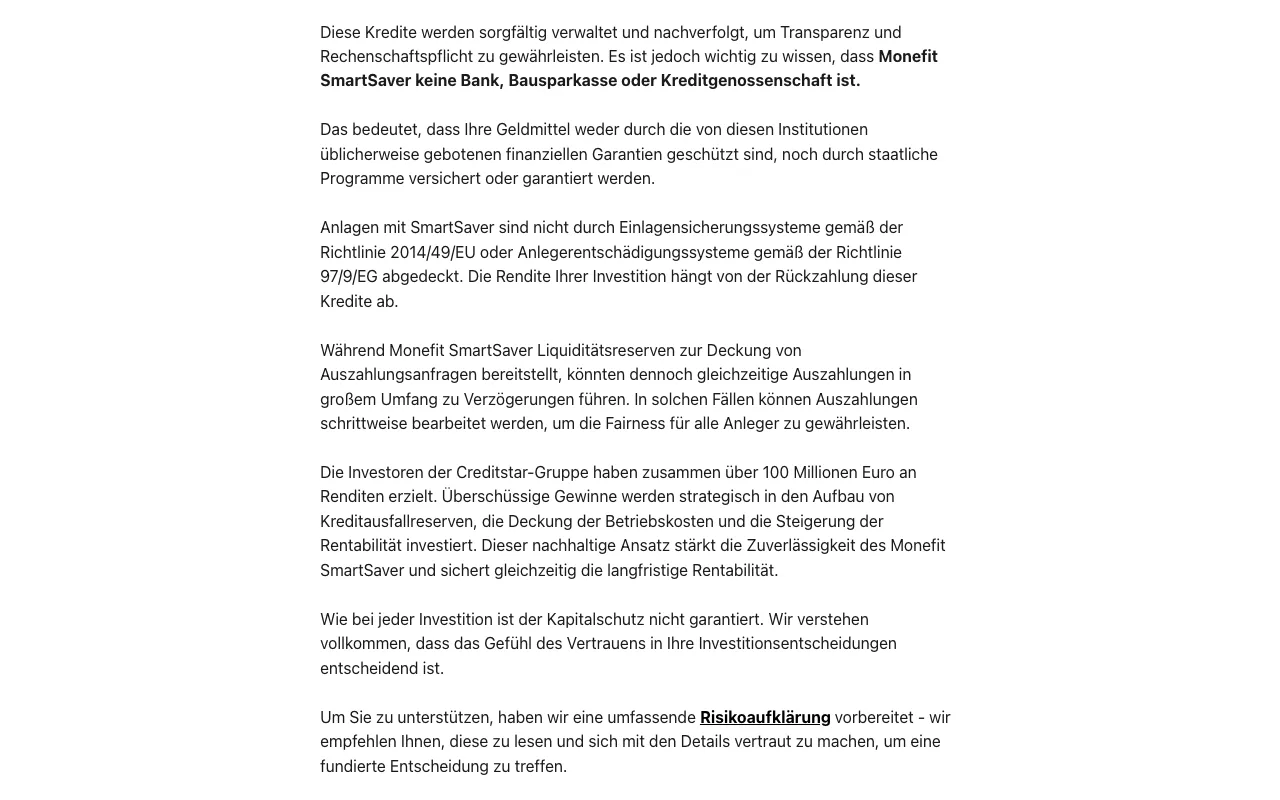 Help-Center-Artikel von Monefit: SmartSaver ist keine Bank, die Einlagensicherung nach Richtlinie 2014/49/EU greift nicht