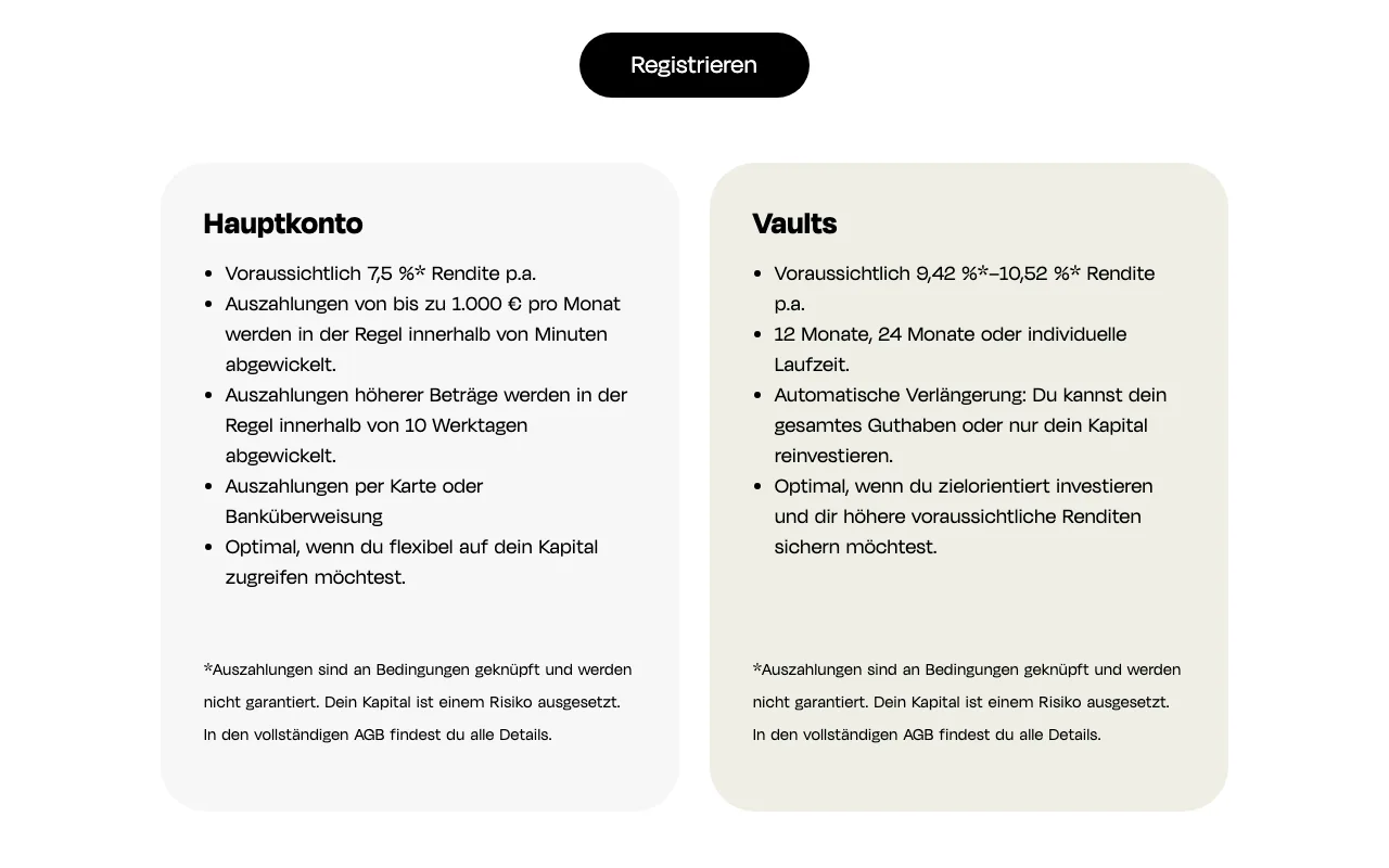 Monefit SmartSaver: Hauptkonto und Vaults mit Angaben zu Auszahlung bis 1.000 Euro im Monat und 10 Werktagen