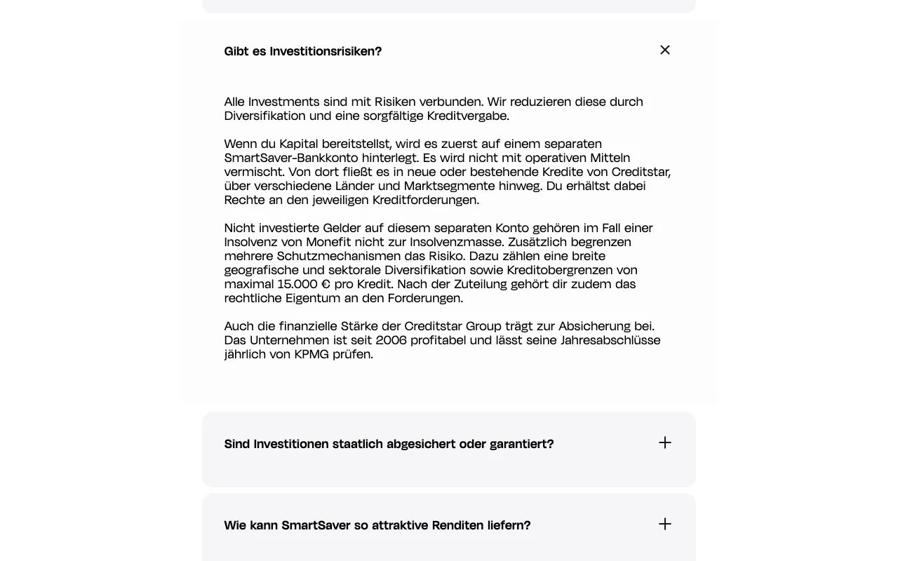 FAQ-Antwort von Monefit zu Investitionsrisiken, separatem Konto und Kreditgrenze von 15.000 Euro