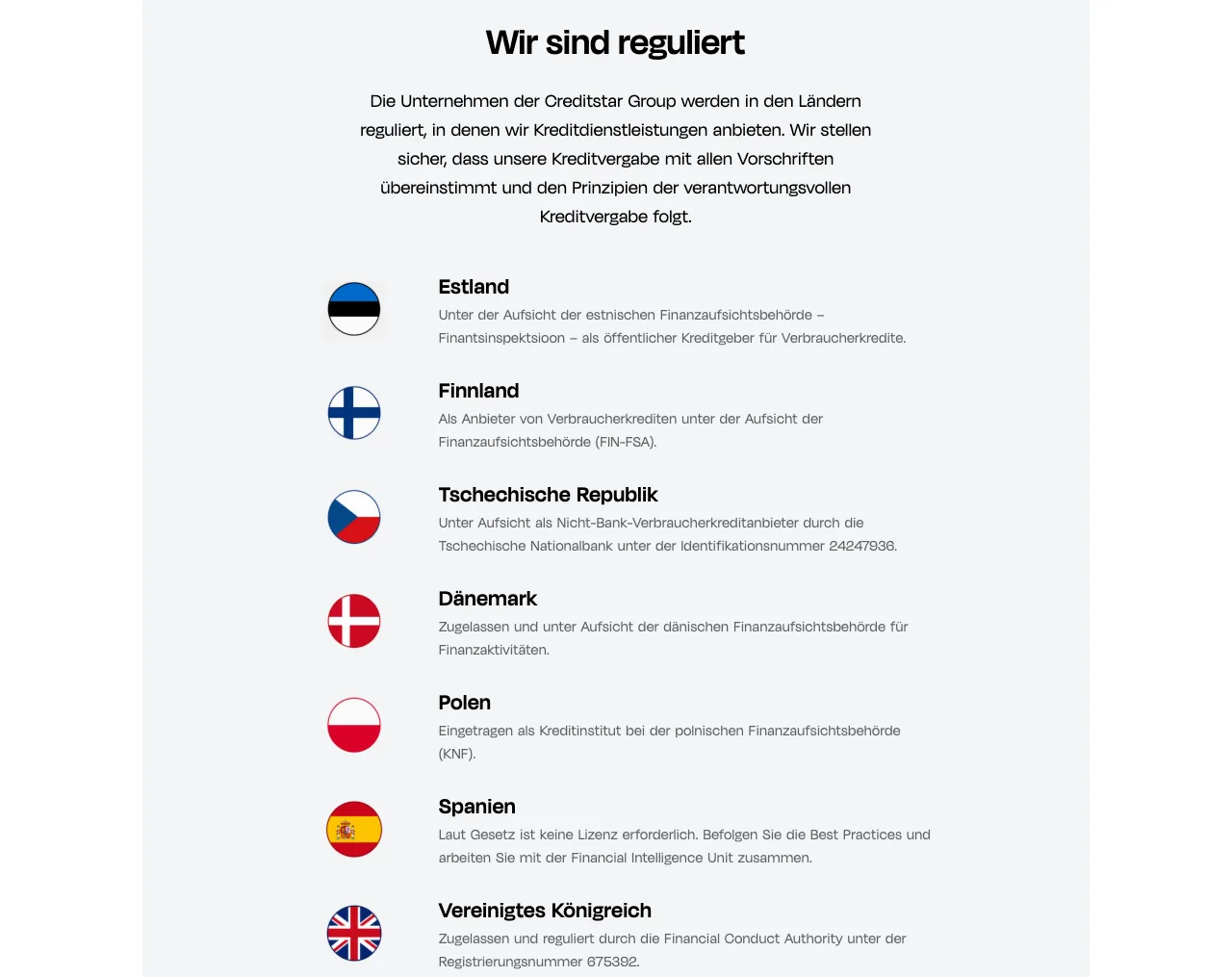 Monefit-Seite „Wir sind reguliert“ mit sieben Ländern und Aufsicht: Estland, Finnland, Tschechische Republik, Dänemark, Polen, Spanien ohne gesetzliche Lizenzpflicht und Vereinigtes Königreich mit FCA-Registrierung