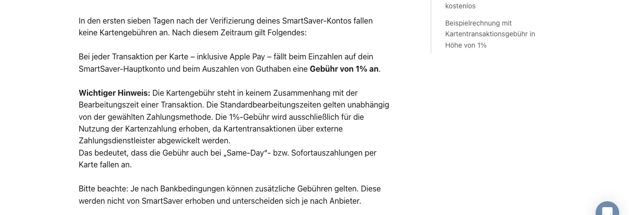 Monefit-Hilfe-Center zur Kartengebühr: in den ersten sieben Tagen keine Gebühr, danach 1 Prozent beim Einzahlen und Auszahlen per Karte, auch mit Apple Pay