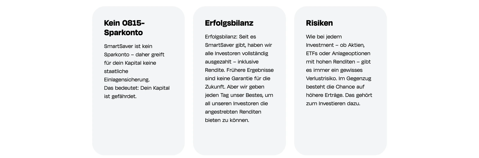 Drei Karten auf der Monefit-Seite mit den Überschriften Kein 0815-Sparkonto, Erfolgsbilanz und Risiken