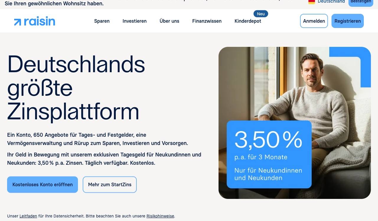 Raisin StartZins 3,50% p.a. für 3 Monate — exklusiv für Neukunden über Partnerlink