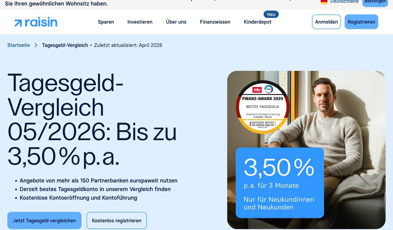 Raisin Tagesgeld Vergleich 2026, 150 Partnerbanken, bis 3,50% p.a. StartZins für Neukunden