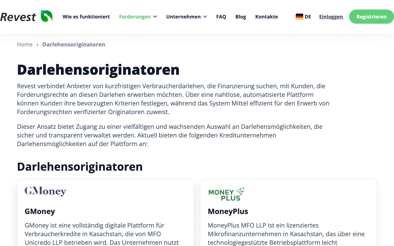 Seite Darlehensoriginatoren von Revest mit den Kreditgebern GMoney und MoneyPlus