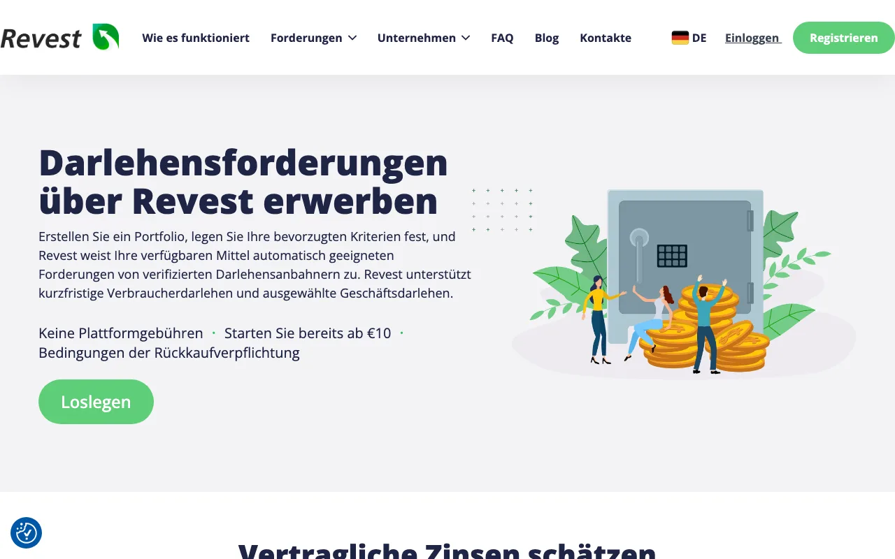 Startseite von Revest mit dem Hinweis auf Forderungserwerb über Portfolio-Automatik