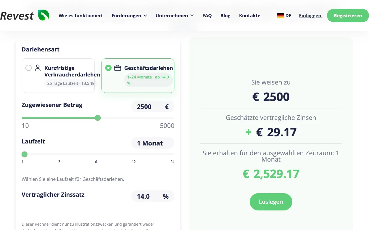 Zinsrechner von Revest mit Darlehensart, Betrag, Laufzeit und geschätzten vertraglichen Zinsen
