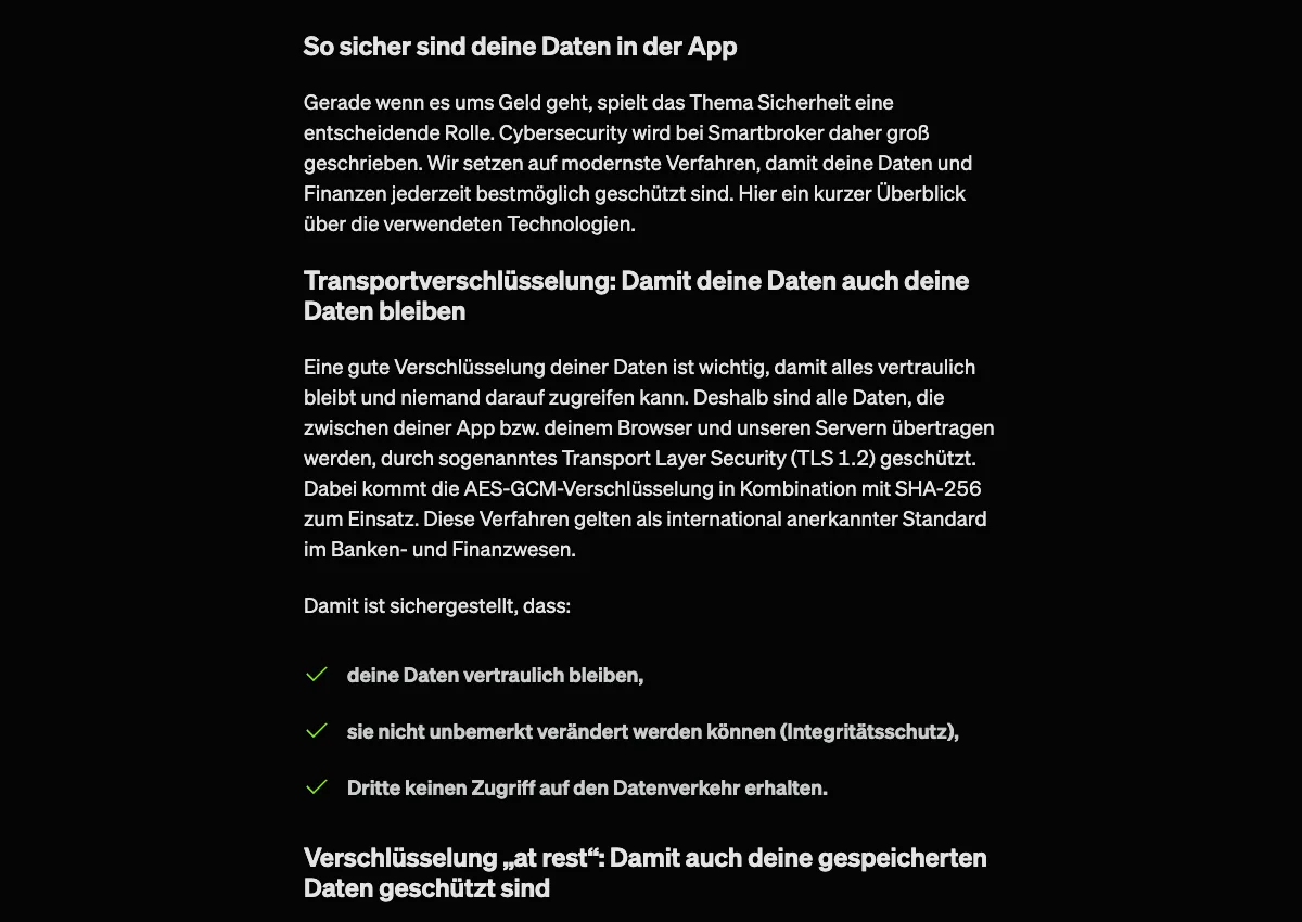 Smartbroker+ Sicherheit in der App: Transportverschlüsselung TLS 1.2 mit AES-GCM und SHA-256
