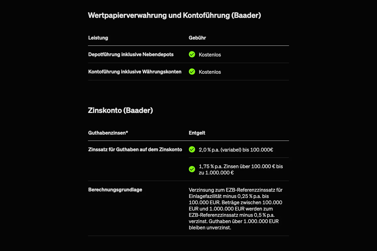 Smartbroker+ Konditionen: Depotführung und Kontoführung bei der Baader Bank kostenlos, Zinskonto 2,0 Prozent variabel bis 100.000 Euro