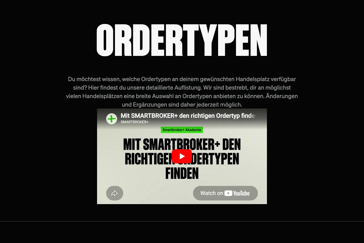 Smartbroker+ Ordertypen-Seite: Market, Limit, Stop und Auswahl des passenden Handelsplatzes