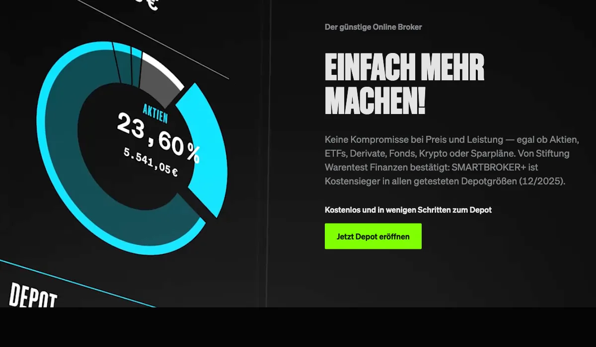 Smartbroker+ Startseite: Stiftung-Warentest-Kostensieger 12/2025, Donut-Chart mit Beispiel-Depot, grüner Button Jetzt Depot eröffnen