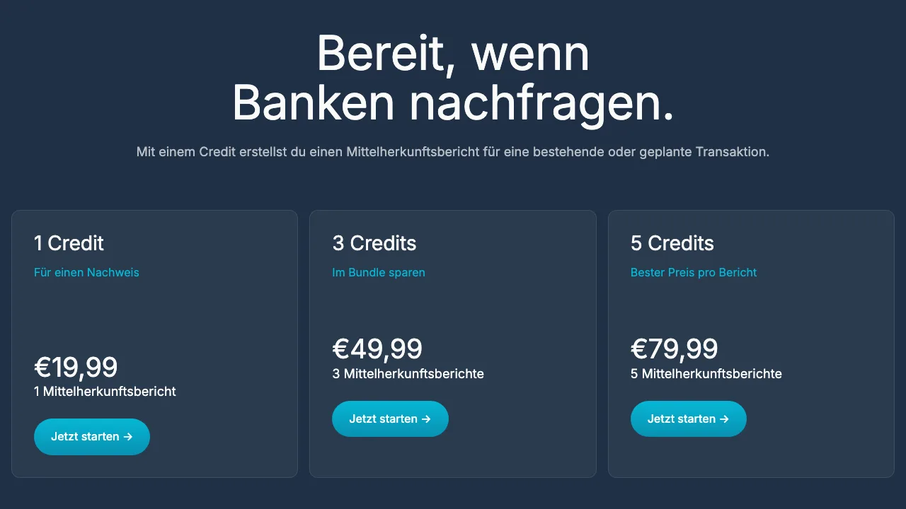 Blockpit Mittelherkunftsbericht: 1 Credit 19,99 Euro, 3 Credits 49,99 Euro, 5 Credits 79,99 Euro