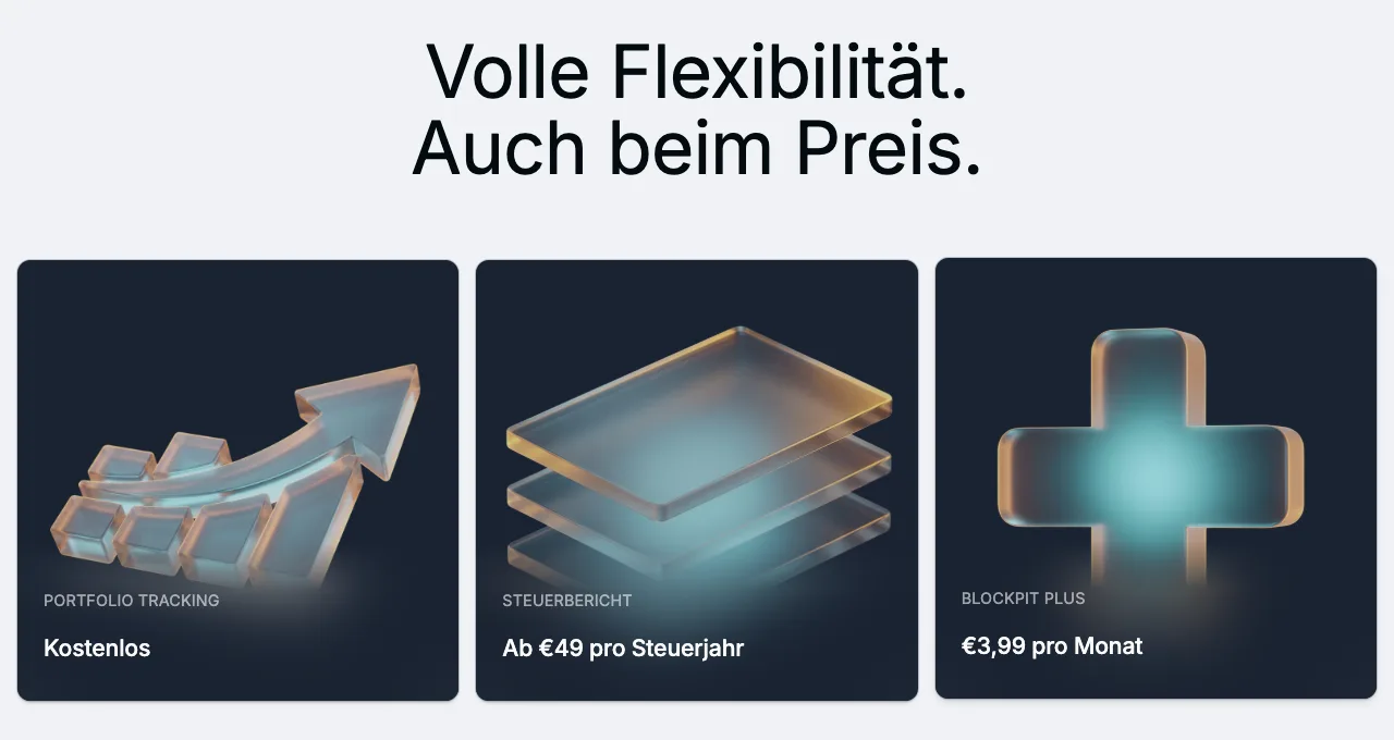 Blockpit Preisübersicht: Portfolio-Tracking kostenlos, Steuerbericht ab 49 Euro pro Steuerjahr, Blockpit Plus 3,99 Euro pro Monat