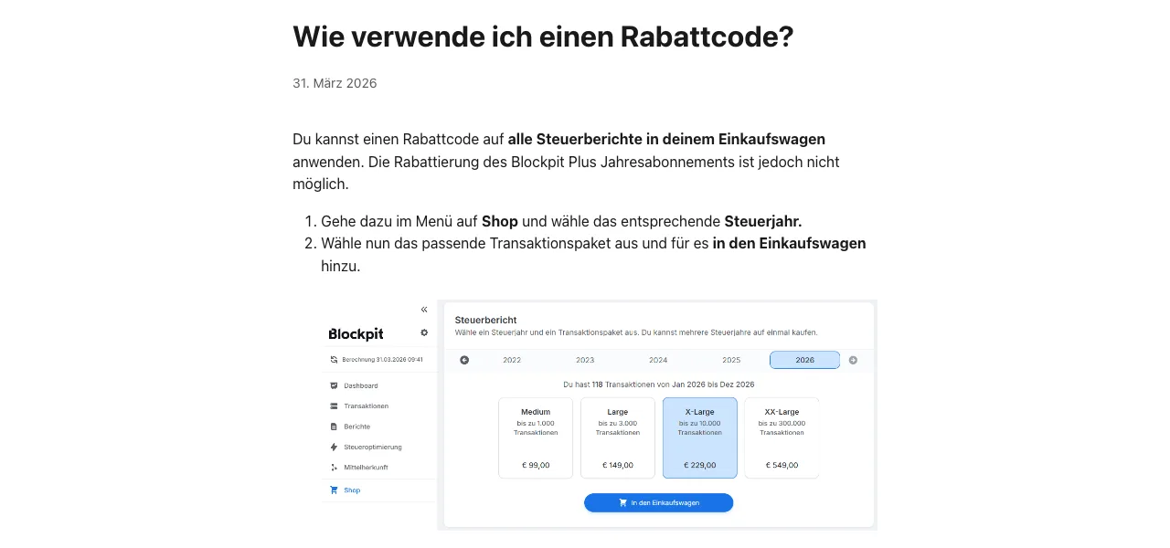 Blockpit Help Center: Rabattcode im Shop anwenden, Steuerjahr und Transaktionspaket wählen, mehrere Steuerjahre auf einmal kaufen