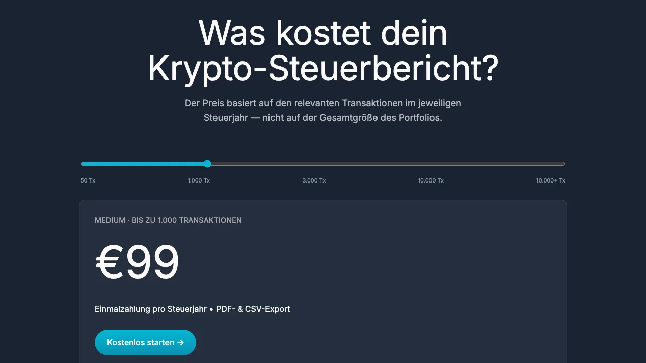 Blockpit Preisseite: Preis-Slider nach Transaktionen, Paket Medium bis 1.000 Transaktionen für 99 € als Einmalzahlung pro Steuerjahr