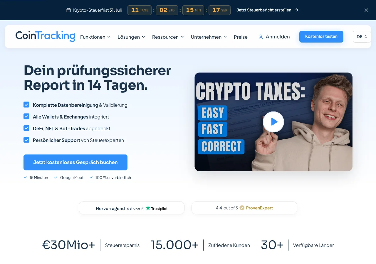 Krypto-Steuerberater Alternative: CoinTracking Full-Service erstellt den prüfungssicheren Krypto-Steuerreport in 14 Tagen